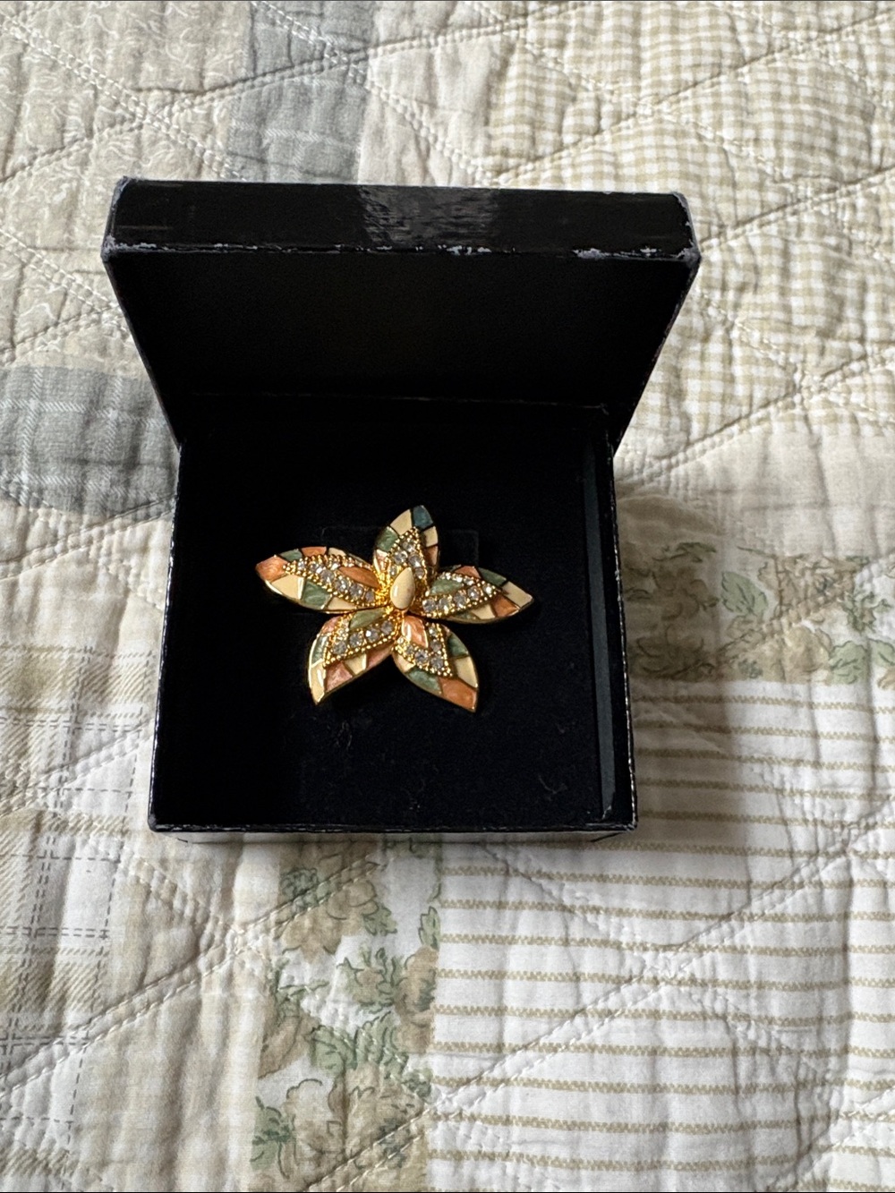 Joan Rivers Gold Floral Crystal & Peach Enamel Star Brooch